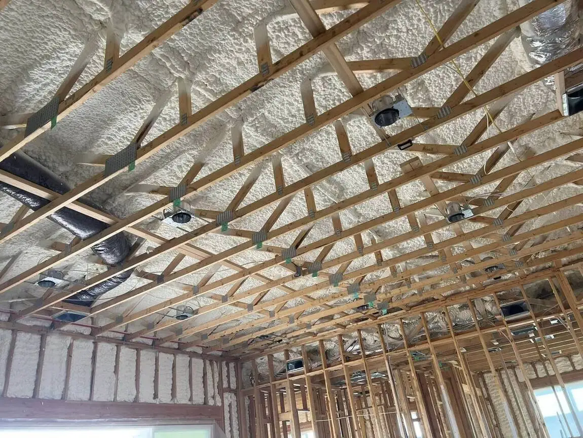 Spray foam insulation applied to a vaulted roofline in a Virginia home